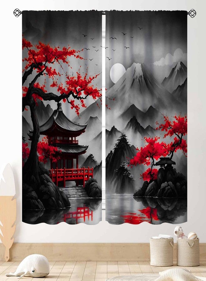 TKUYO Cherry Blossoms Curtains, Japanese Traditional Ink Painting Red Floral Plum Blossom Asian Oriental Nature Mountains Landscape Window Drapes Treatments for Bedroom Living Room Kitchen, 42"x45" Inch - Image 1